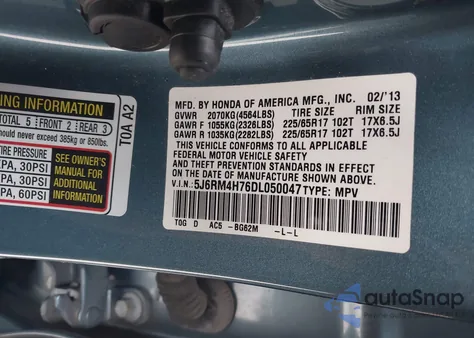 2013 Honda Cr-V Ex-L from USA, damaged, VIN 5J6RM4H76DL050047